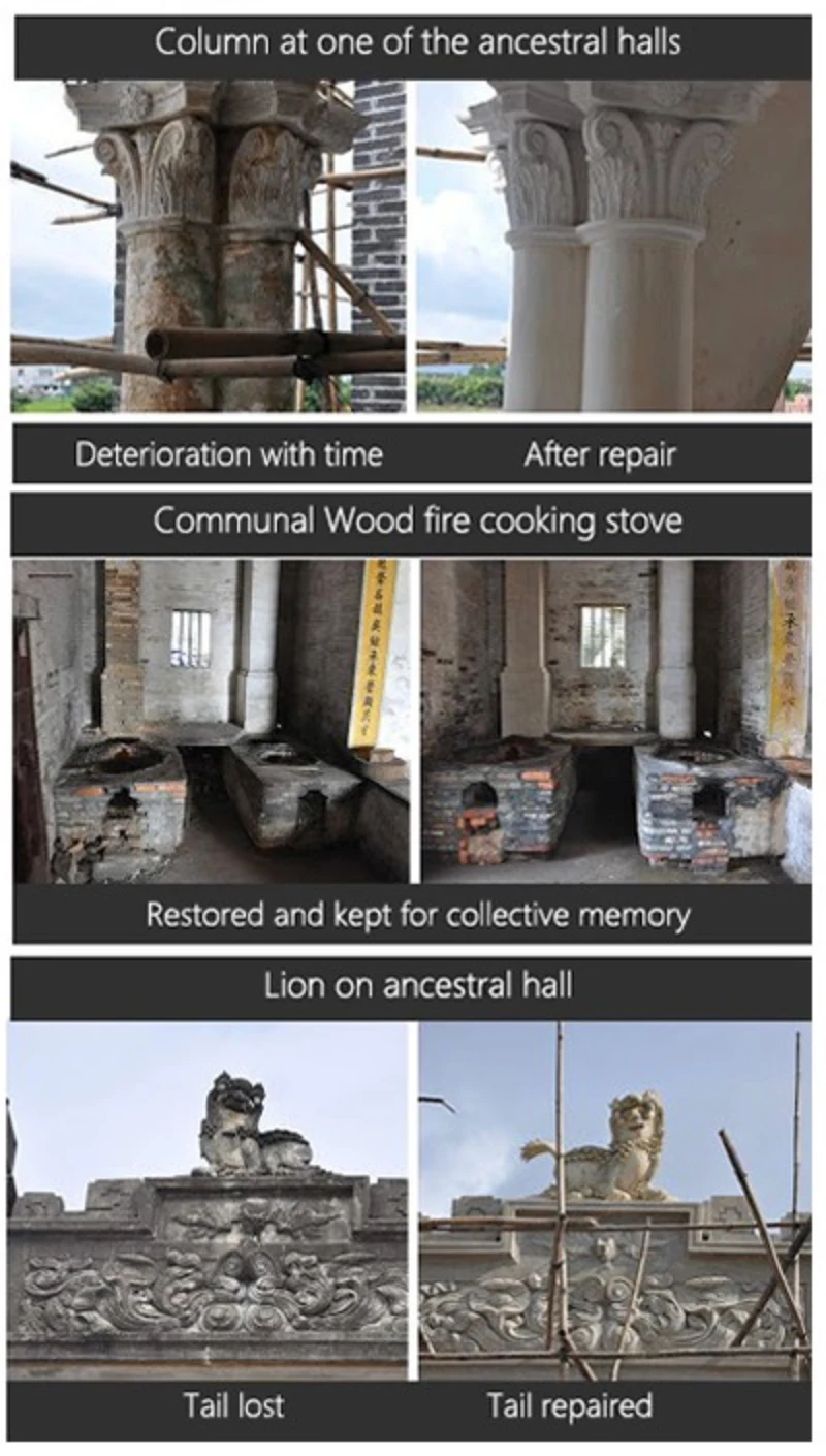 Before and after restoration of an ancestral hall column, a communal wood-fire stove and a rooftop lion