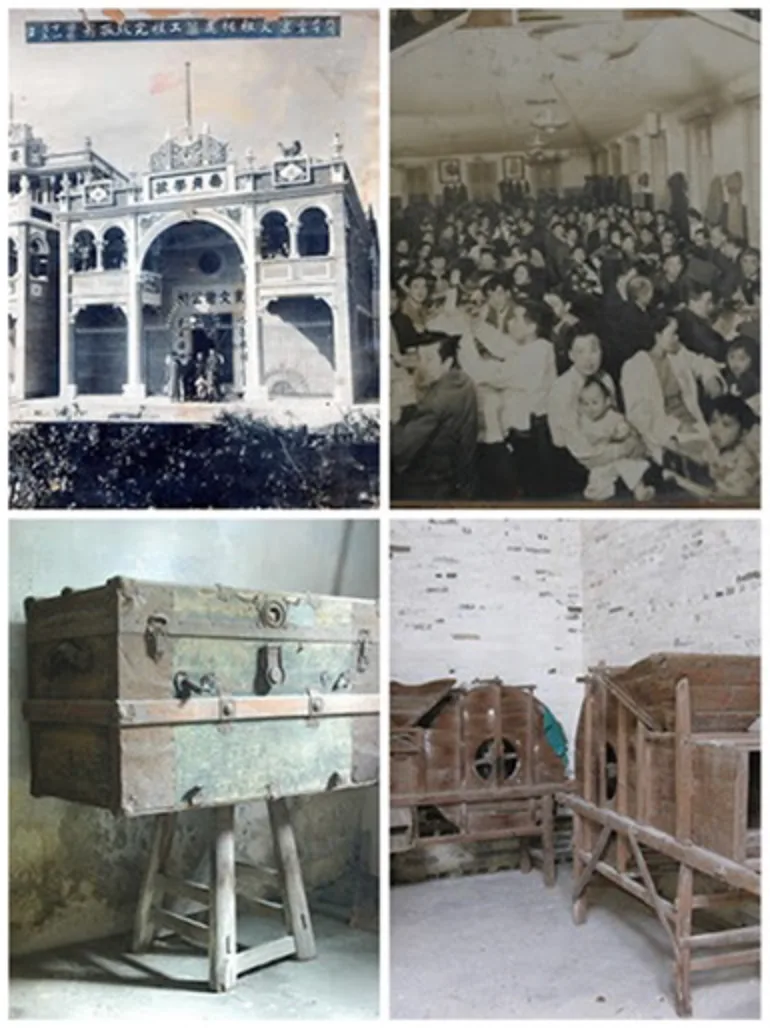 Archival photos of an ancestral hall and a village gathering, with an antique trunk and wooden farm tools