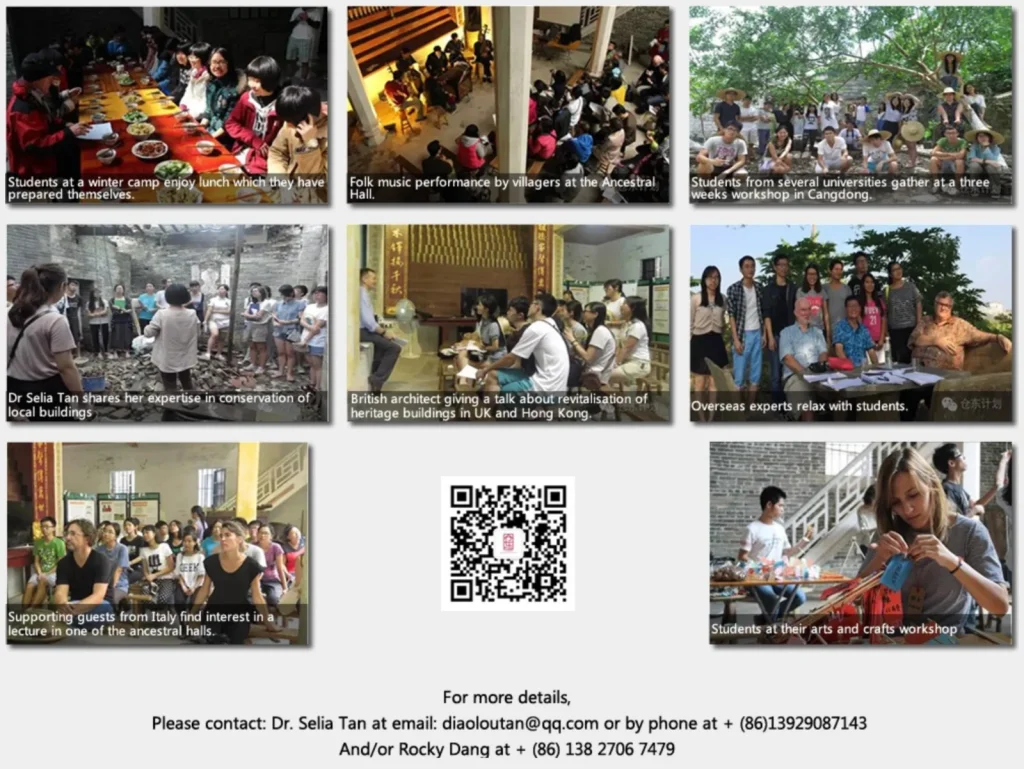 Collage of Cangdong programs: student winter camp, folk music in the ancestral hall, university workshops and lectures