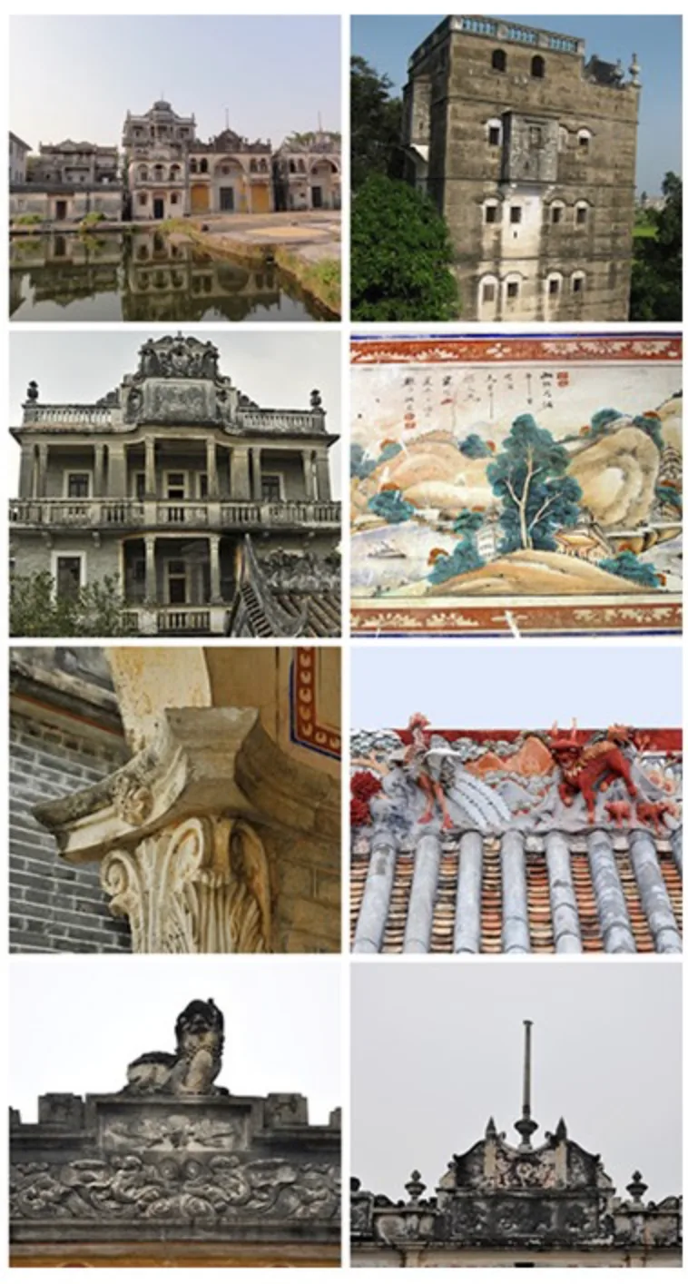 Kaiping diaolou watchtowers, villa facades, a painted mural and decorative rooftop details