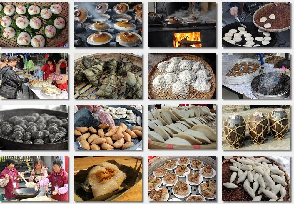 Collage of traditional Sze Yap dishes and villagers preparing local food